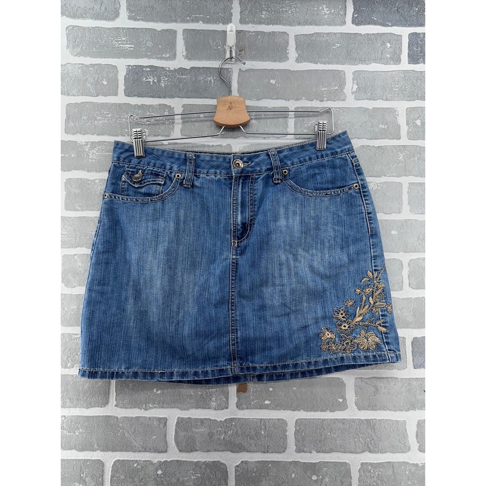 Faded Glory Denim Skort Medium Wash Floral Embroidered Mini Skirt Size 12